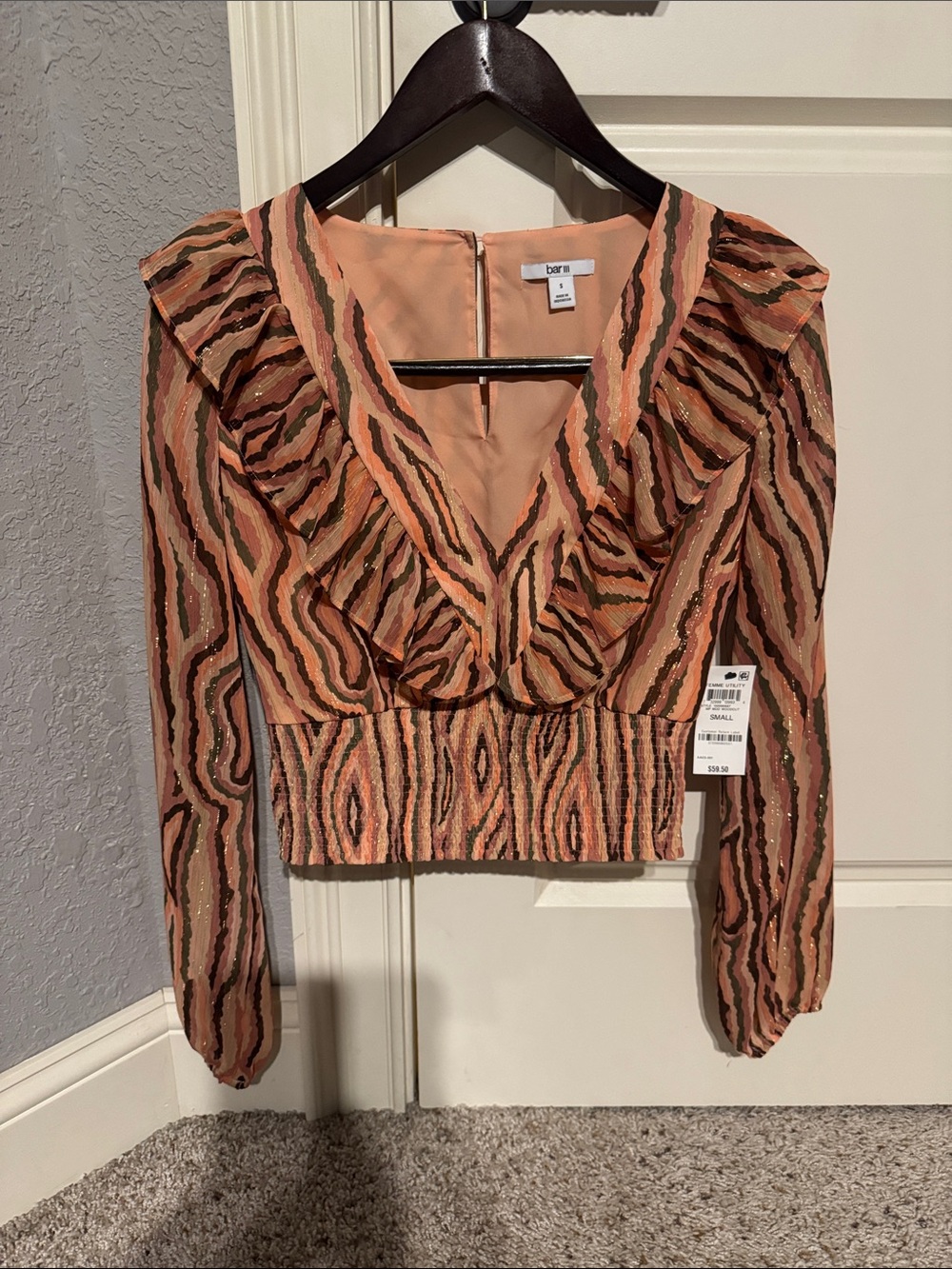 Bar III Peach Multi Ruffled V-Neck Long Sleeve Blouse